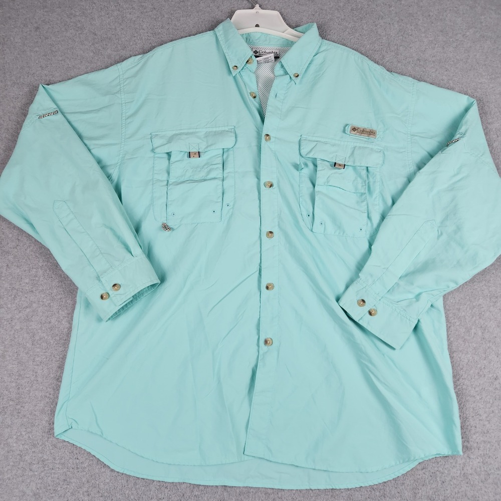 Columbia Fishing Shirt Mens L Green Bahama II PFG Long Sleeve Vented Button Up
